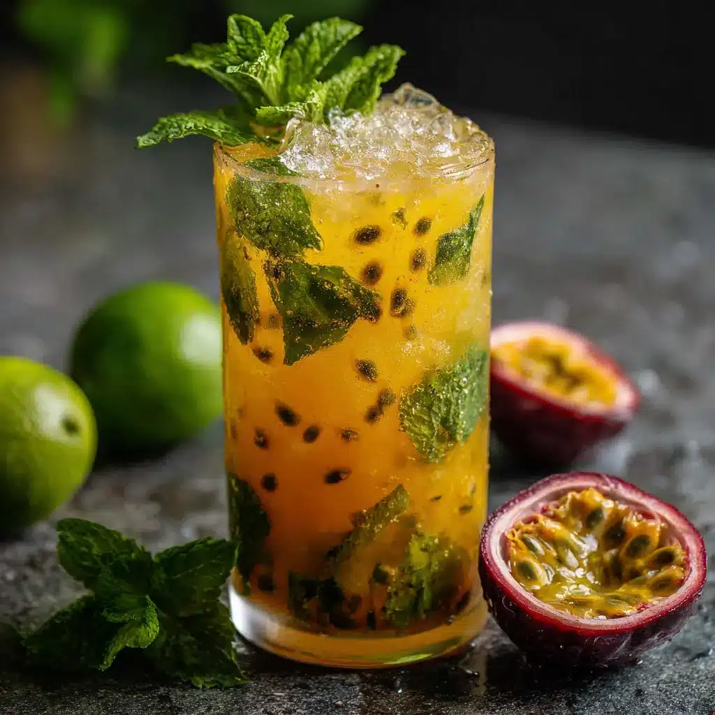 Verre de mojito fruit de la passion garni de menthe et citron vert, sur une table estivale.