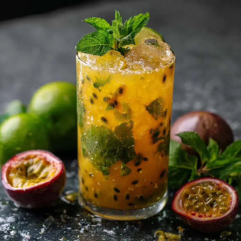 Verre de mojito fruit de la passion garni de menthe et citron vert, sur une table estivale.
