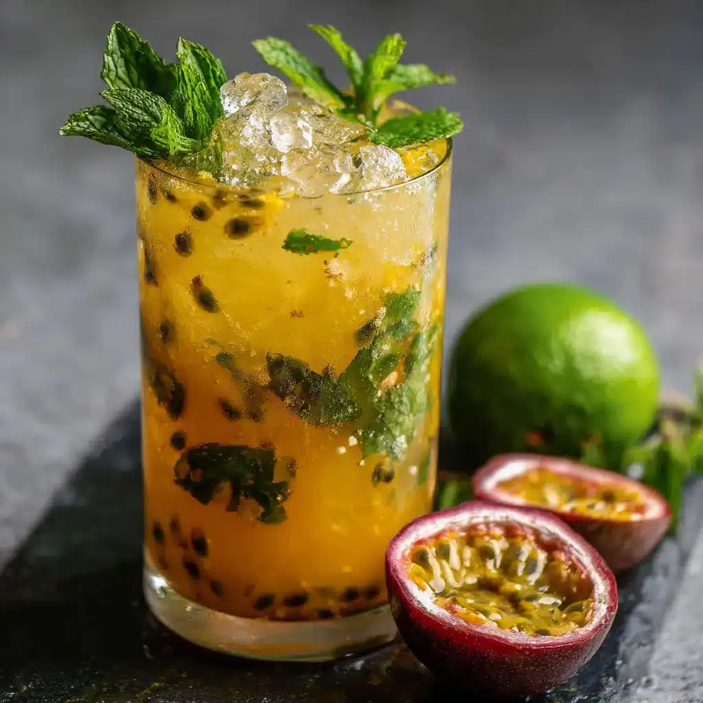 Verre de mojito fruit de la passion garni de menthe et citron vert, sur une table estivale.