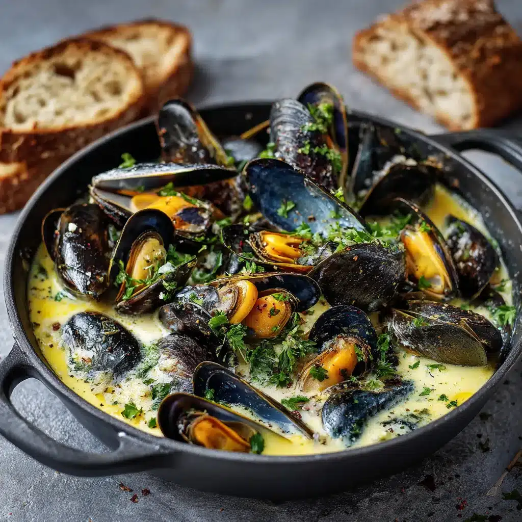Mouclade Charentaise servie dans une assiette creuse avec sauce au curry, moules ouvertes et persil frais haché.