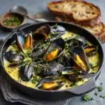 Mouclade Charentaise servie dans une assiette creuse avec sauce au curry, moules ouvertes et persil frais haché.