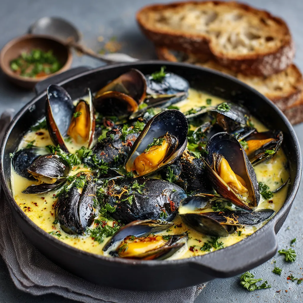 Mouclade Charentaise servie dans une assiette creuse avec sauce au curry, moules ouvertes et persil frais haché.