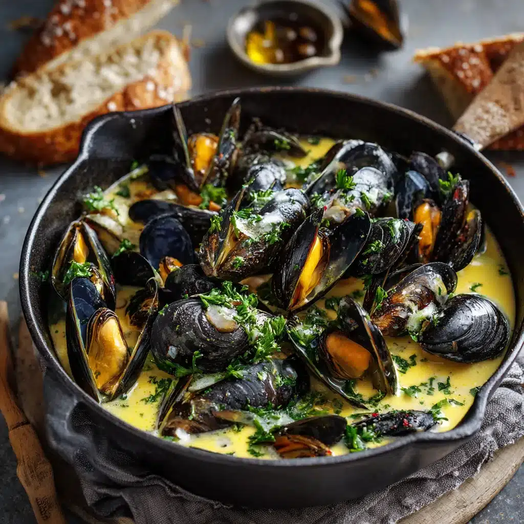 Mouclade Charentaise servie dans une assiette creuse avec sauce au curry, moules ouvertes et persil frais haché.