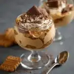 Verrines de mousse au café surmontées de copeaux de chocolat et spéculoos