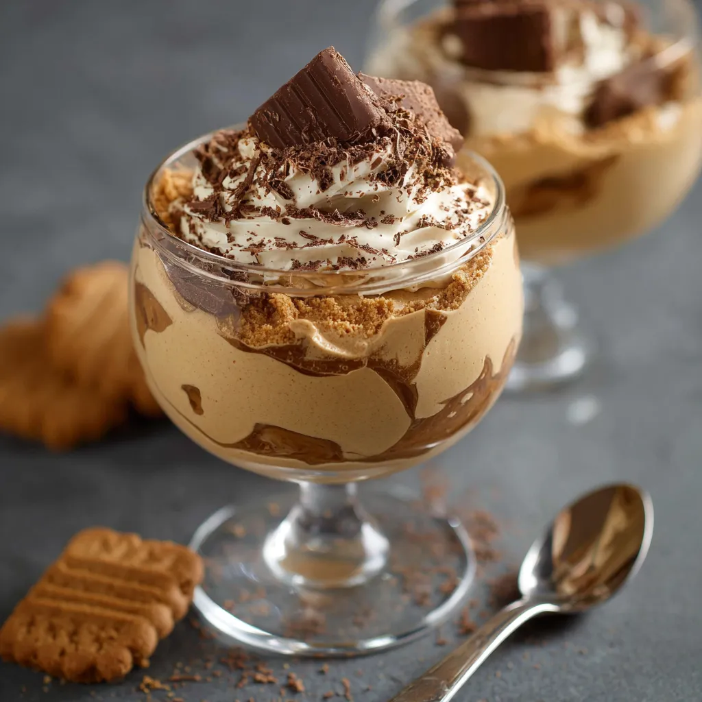 Verrines de mousse au café surmontées de copeaux de chocolat et spéculoos