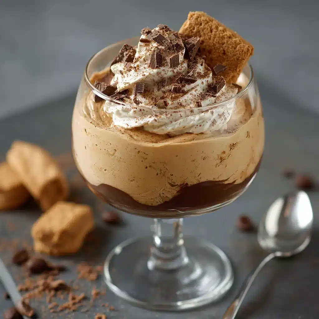 Verrines de mousse au café surmontées de copeaux de chocolat et spéculoos