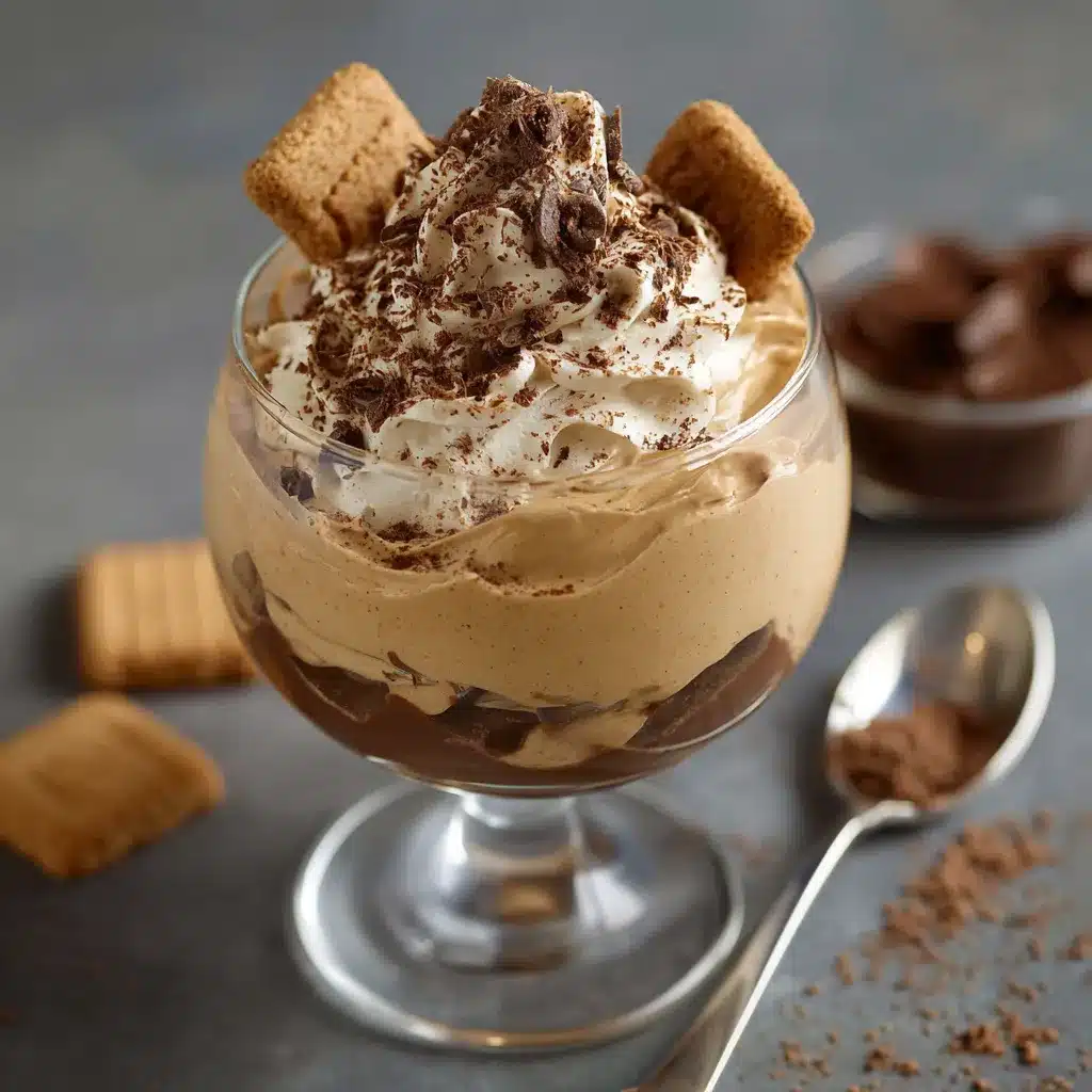 Verrines de mousse au café surmontées de copeaux de chocolat et spéculoos