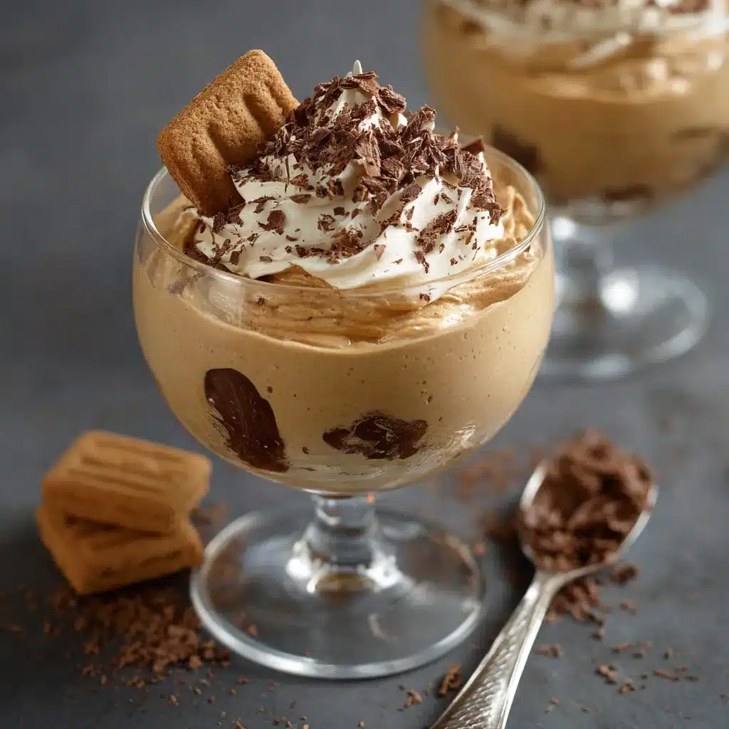 Verrines de mousse au café surmontées de copeaux de chocolat et spéculoos