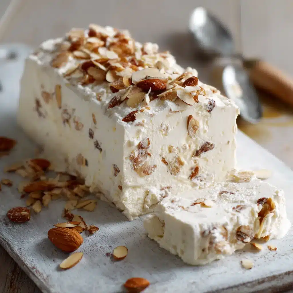 Nougat glacé maison aux amandes caramélisées, servi en tranches sur une assiette