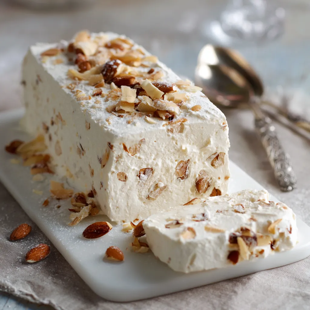 Nougat glacé maison aux amandes caramélisées, servi en tranches sur une assiette