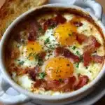 Œufs cocotte au chèvre sans bacon servis dans un ramequin avec herbes fraîches