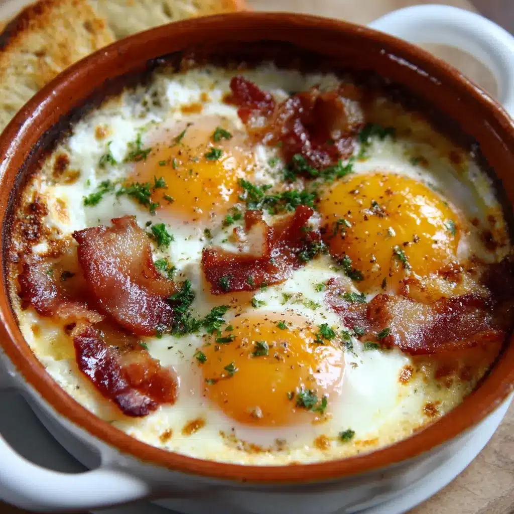 Œufs cocotte au chèvre sans bacon servis dans un ramequin avec herbes fraîches