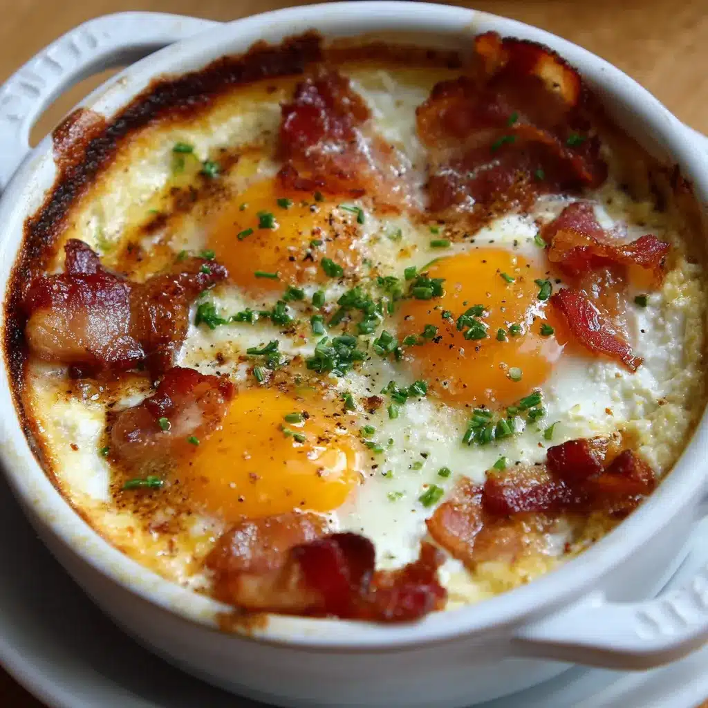 Œufs cocotte au chèvre sans bacon servis dans un ramequin avec herbes fraîches