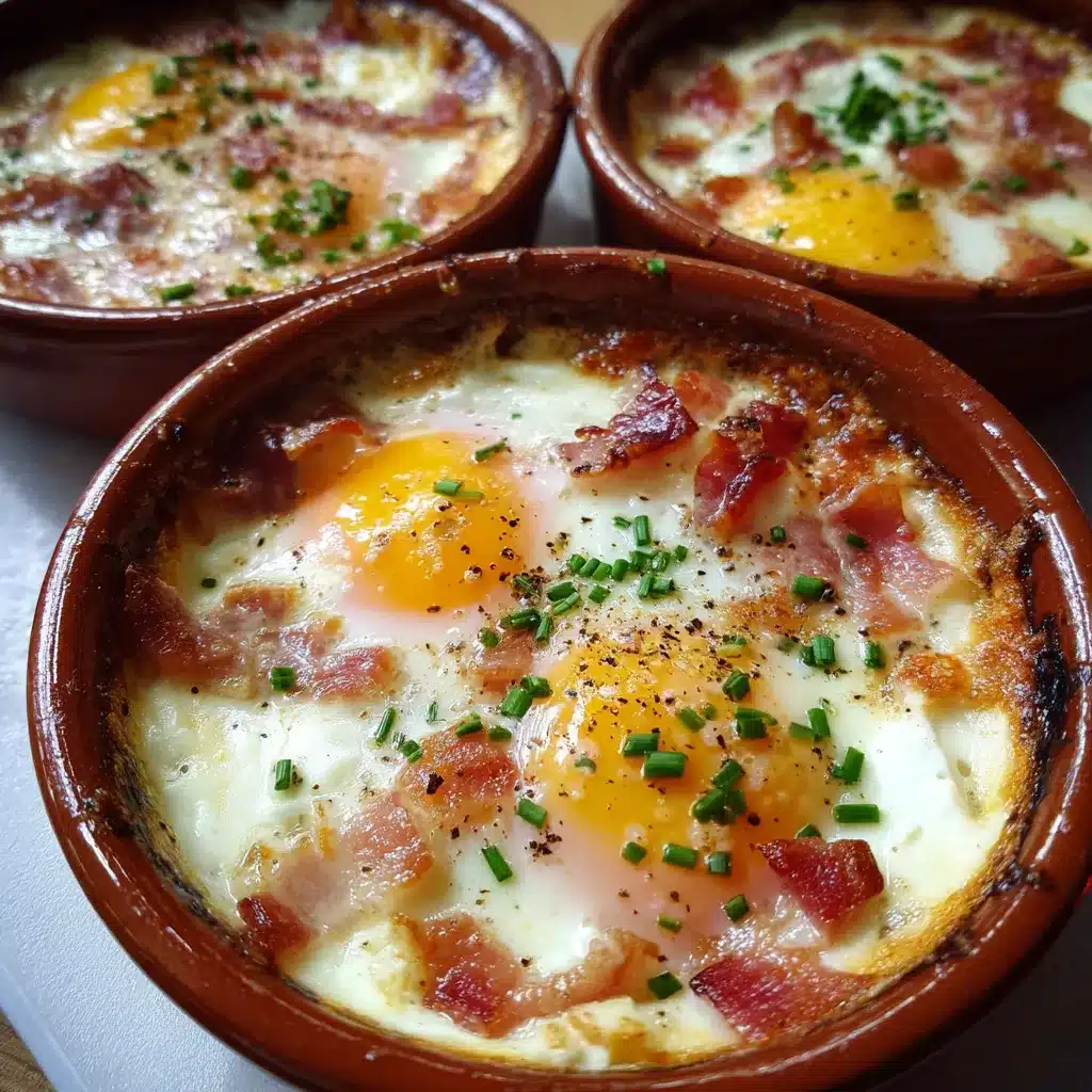 Œufs cocotte au chèvre sans bacon servis dans un ramequin avec herbes fraîches