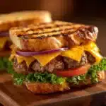 Panini burger au cheddar grillé avec steak, laitue, tomate et fromage fondant