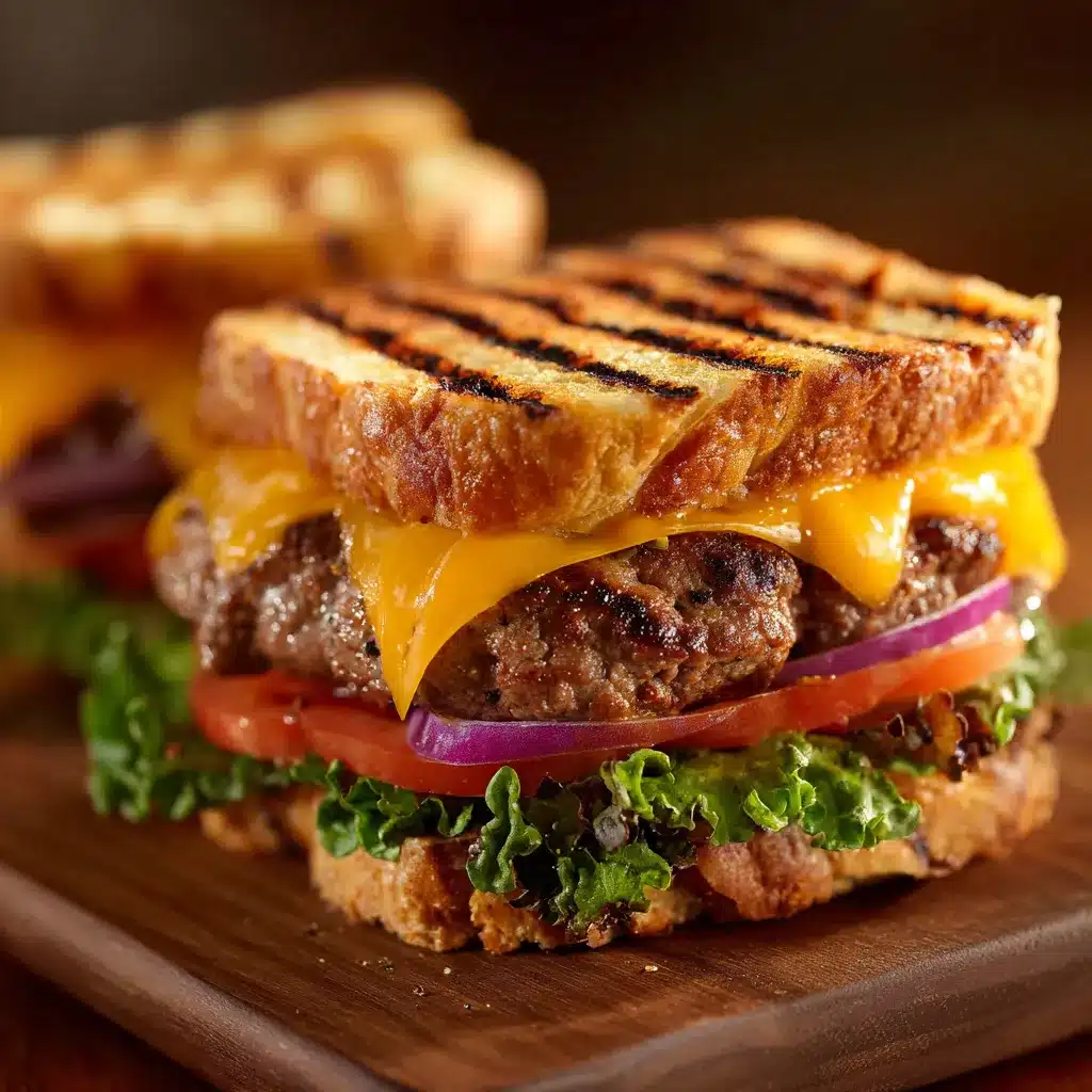 Panini burger au cheddar grillé avec steak, laitue, tomate et fromage fondant