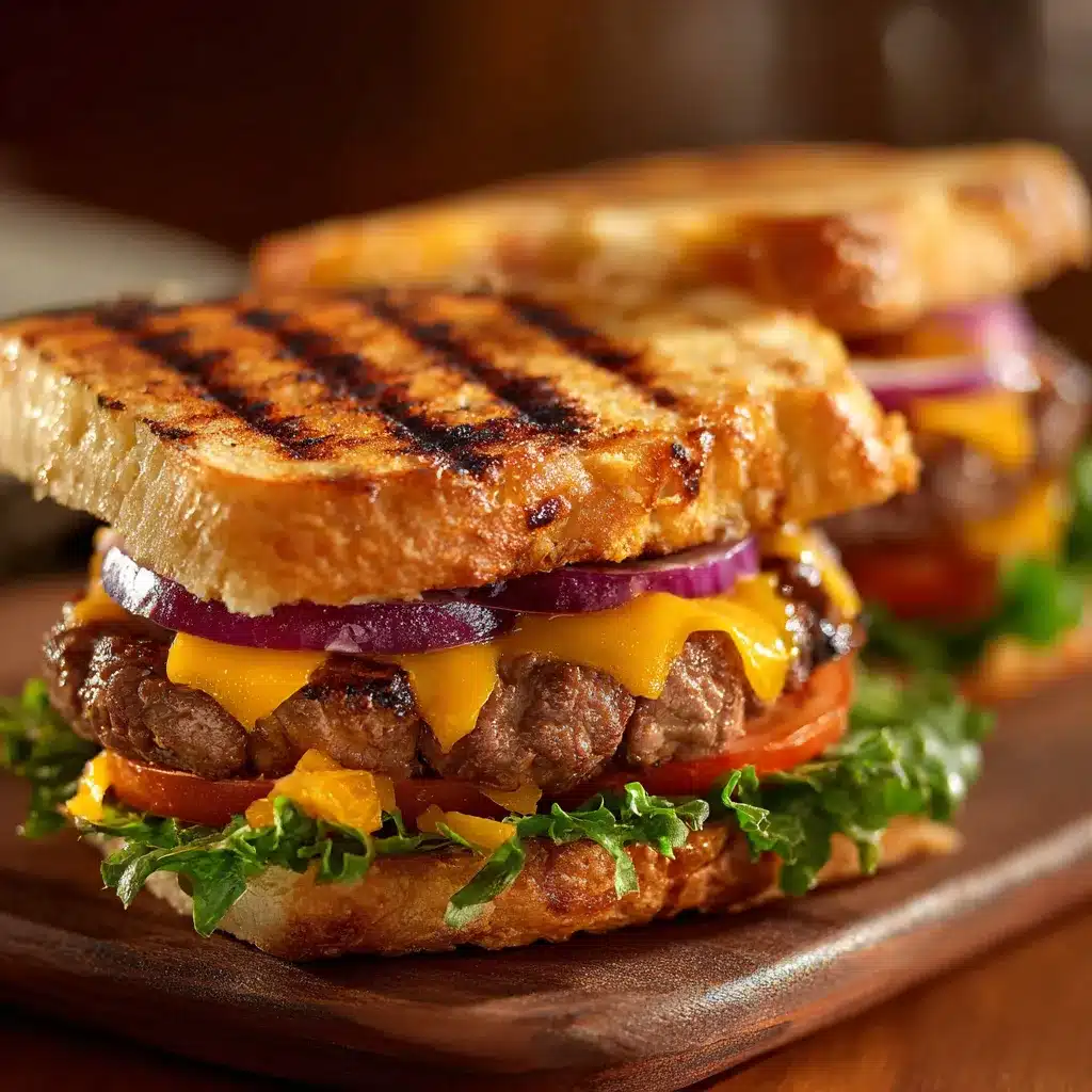 Panini burger au cheddar grillé avec steak, laitue, tomate et fromage fondant