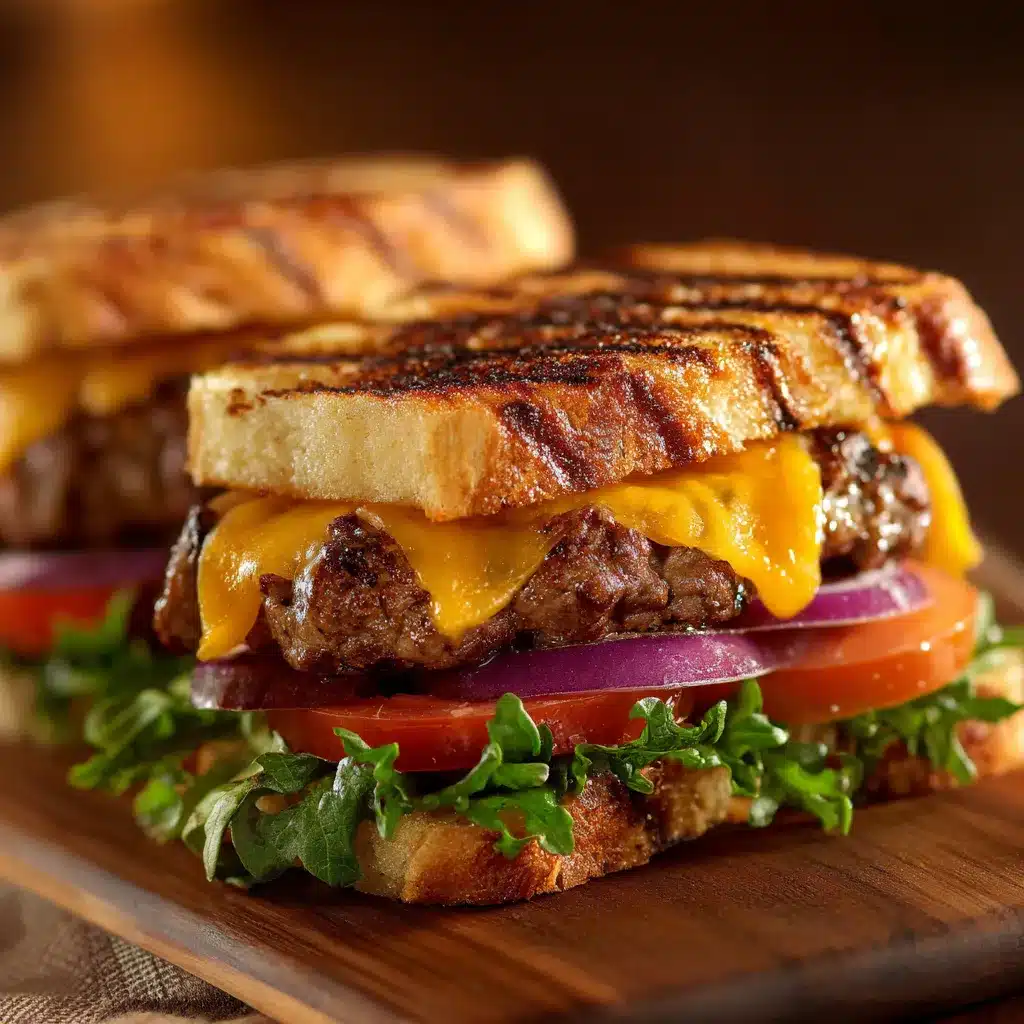 Panini burger au cheddar grillé avec steak, laitue, tomate et fromage fondant