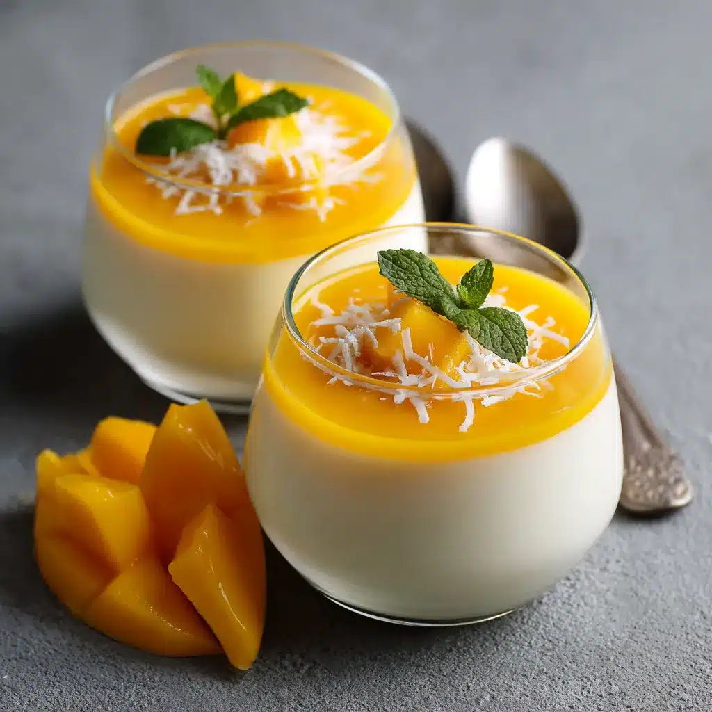 Panna cotta au lait de coco surmontée d’un coulis de mangue lisse et noix de coco râpée