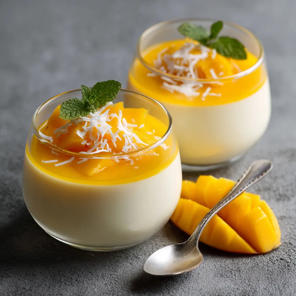 Panna cotta au lait de coco surmontée d’un coulis de mangue lisse et noix de coco râpée