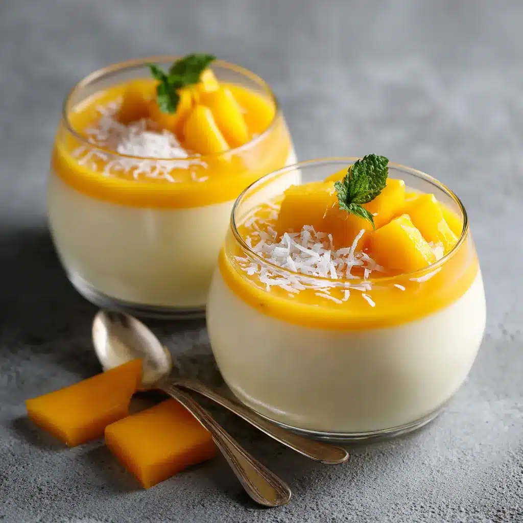 Panna cotta au lait de coco surmontée d’un coulis de mangue lisse et noix de coco râpée