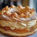 Paris-Brest maison garni de crème pralinée sur une assiette