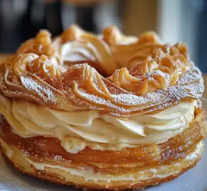 Paris-Brest maison garni de crème pralinée sur une assiette