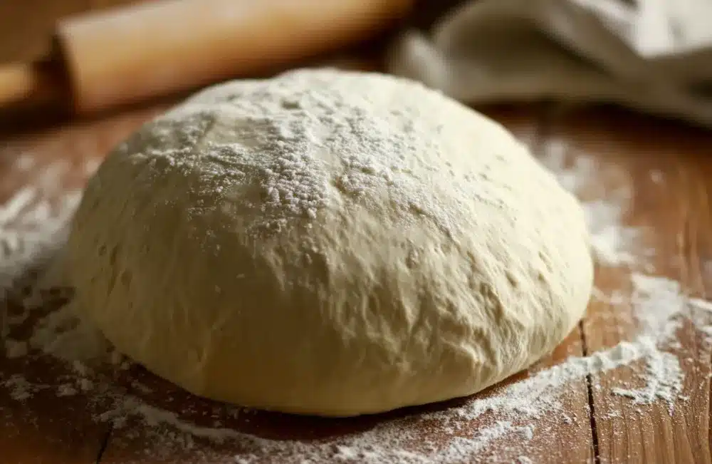 Pâte à pizza maison prête à cuire sur plan fariné