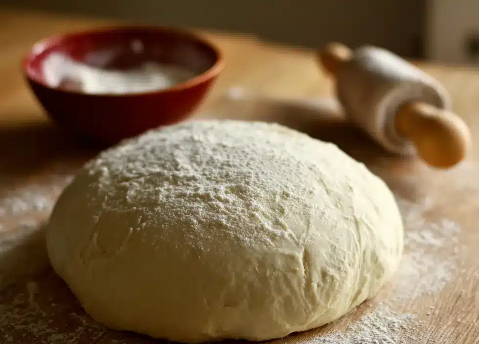 Pâte à pizza maison prête à cuire sur plan fariné