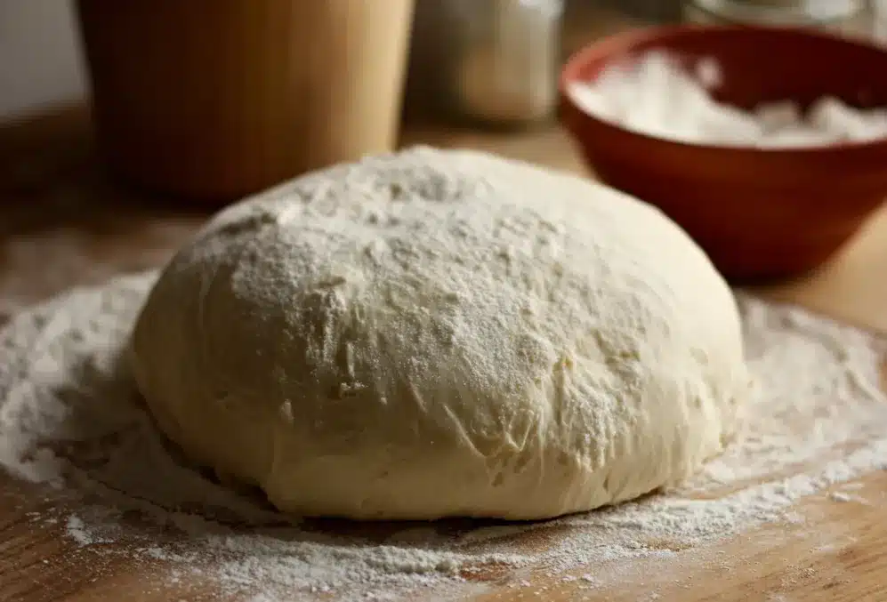 Pâte à pizza maison prête à cuire sur plan fariné