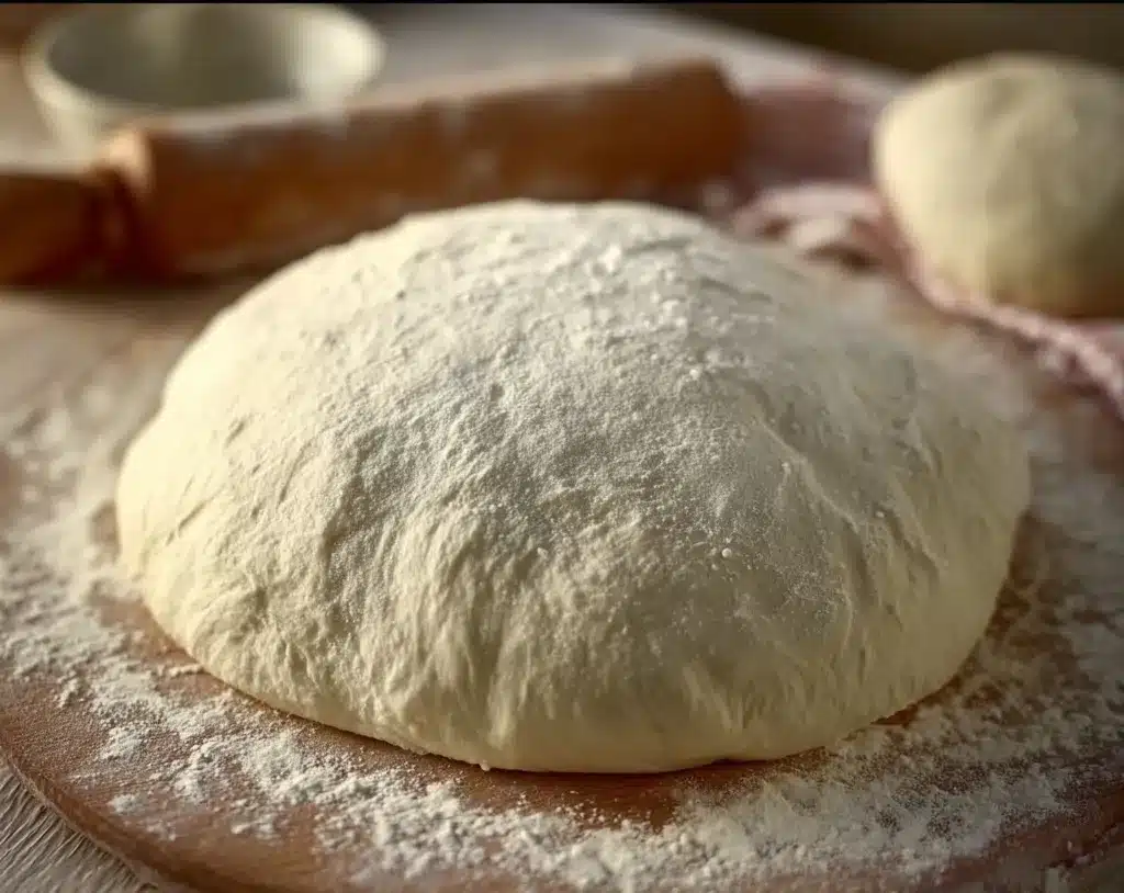 Pâte à pizza maison prête à cuire sur plan fariné