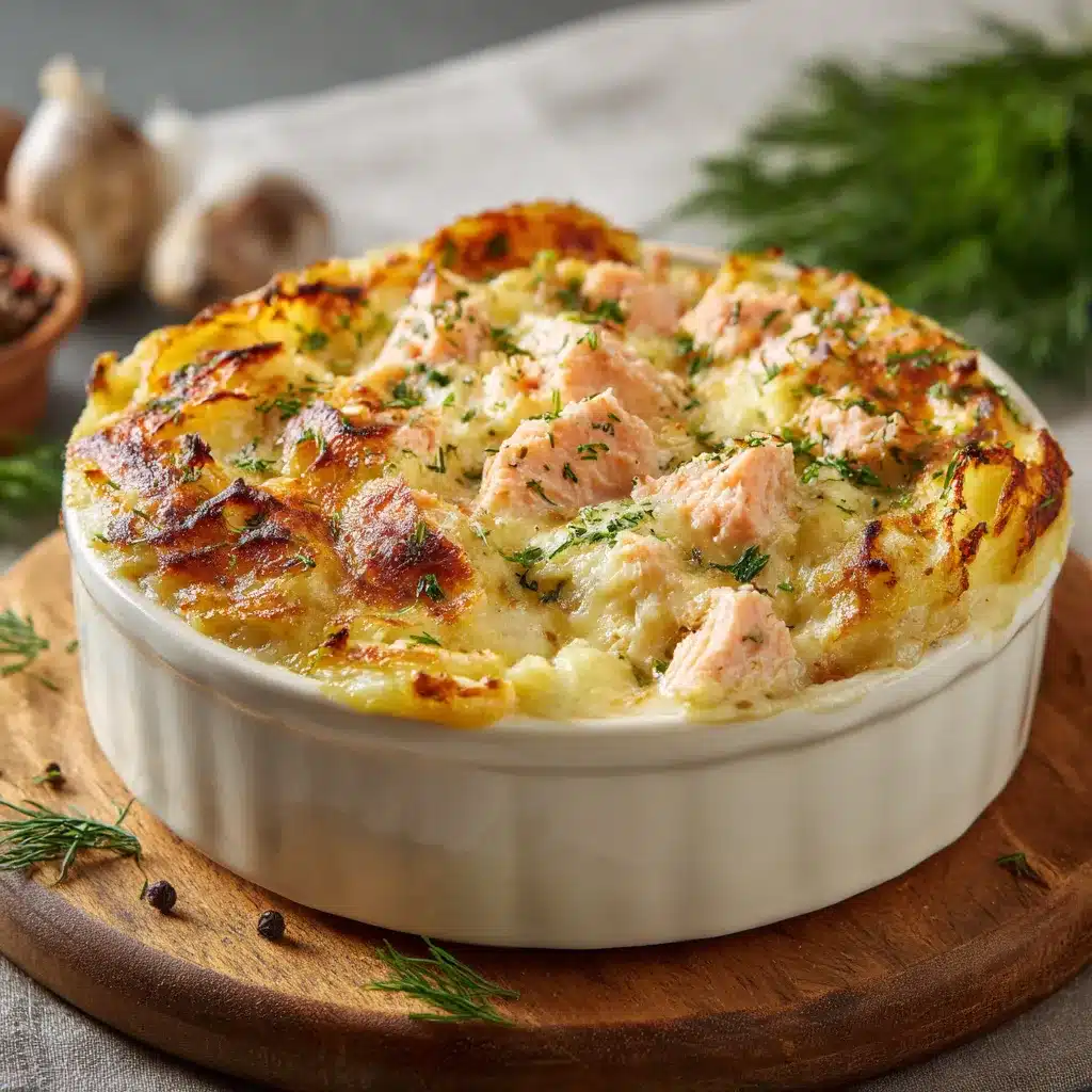 Plat de pâté au saumon sans croûte gratiné au fromage, servi chaud dans un plat en céramique