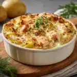Plat de pâté au saumon sans croûte gratiné au fromage, servi chaud dans un plat en céramique