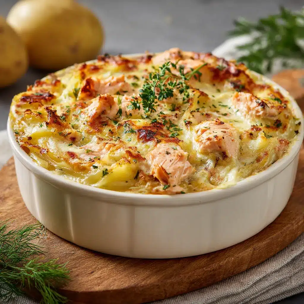 Plat de pâté au saumon sans croûte gratiné au fromage, servi chaud dans un plat en céramique