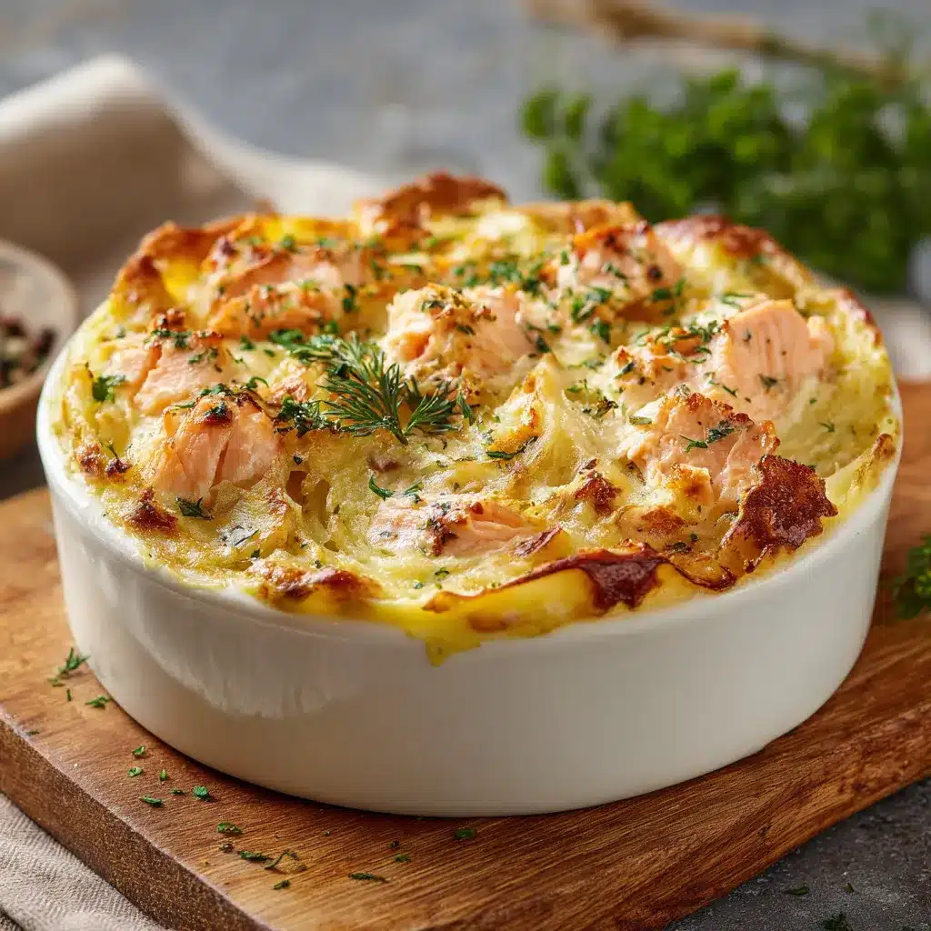 Plat de pâté au saumon sans croûte gratiné au fromage, servi chaud dans un plat en céramique