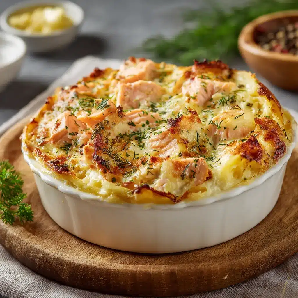 Plat de pâté au saumon sans croûte gratiné au fromage, servi chaud dans un plat en céramique