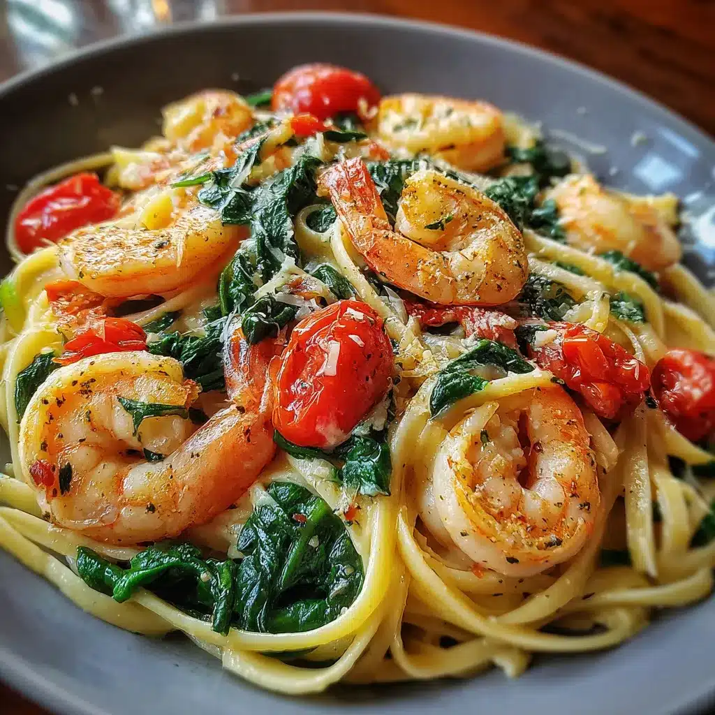 Pâtes aux crevettes sautées, tomates cerises et épinards dans une sauce au beurre à l’ail