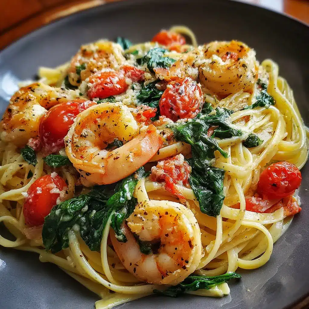 Pâtes aux crevettes sautées, tomates cerises et épinards dans une sauce au beurre à l’ail
