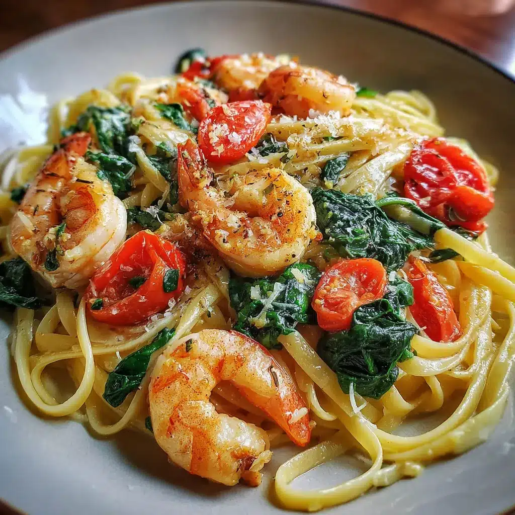 Pâtes aux crevettes sautées, tomates cerises et épinards dans une sauce au beurre à l’ail