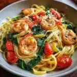 Pâtes aux crevettes sautées, tomates cerises et épinards dans une sauce au beurre à l’ailUne assiette de pâtes linguine généreusement enrobées d’une sauce au beurre à l’ail, accompagnées de crevettes dorées, de tomates cerises fondantes et d’épinards.