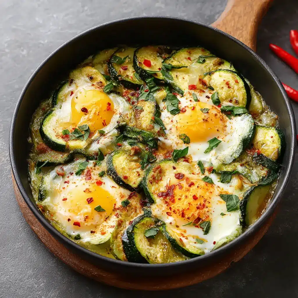 Poêlée de courgettes épicées aux œufs dans une poêle, prête à servir