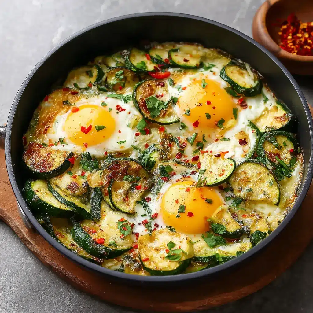 Poêlée de courgettes épicées aux œufs dans une poêle, prête à servir