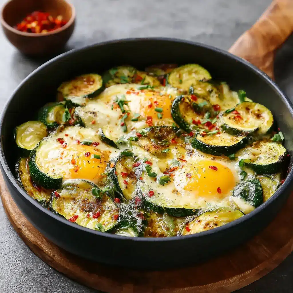 Poêlée de courgettes épicées aux œufs dans une poêle, prête à servir