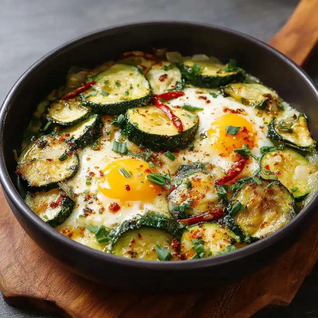 Poêlée de courgettes épicées aux œufs dans une poêle, prête à servir