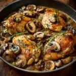 Poulet crémeux aux champignons dorés et sauce au thym servi avec purée maison