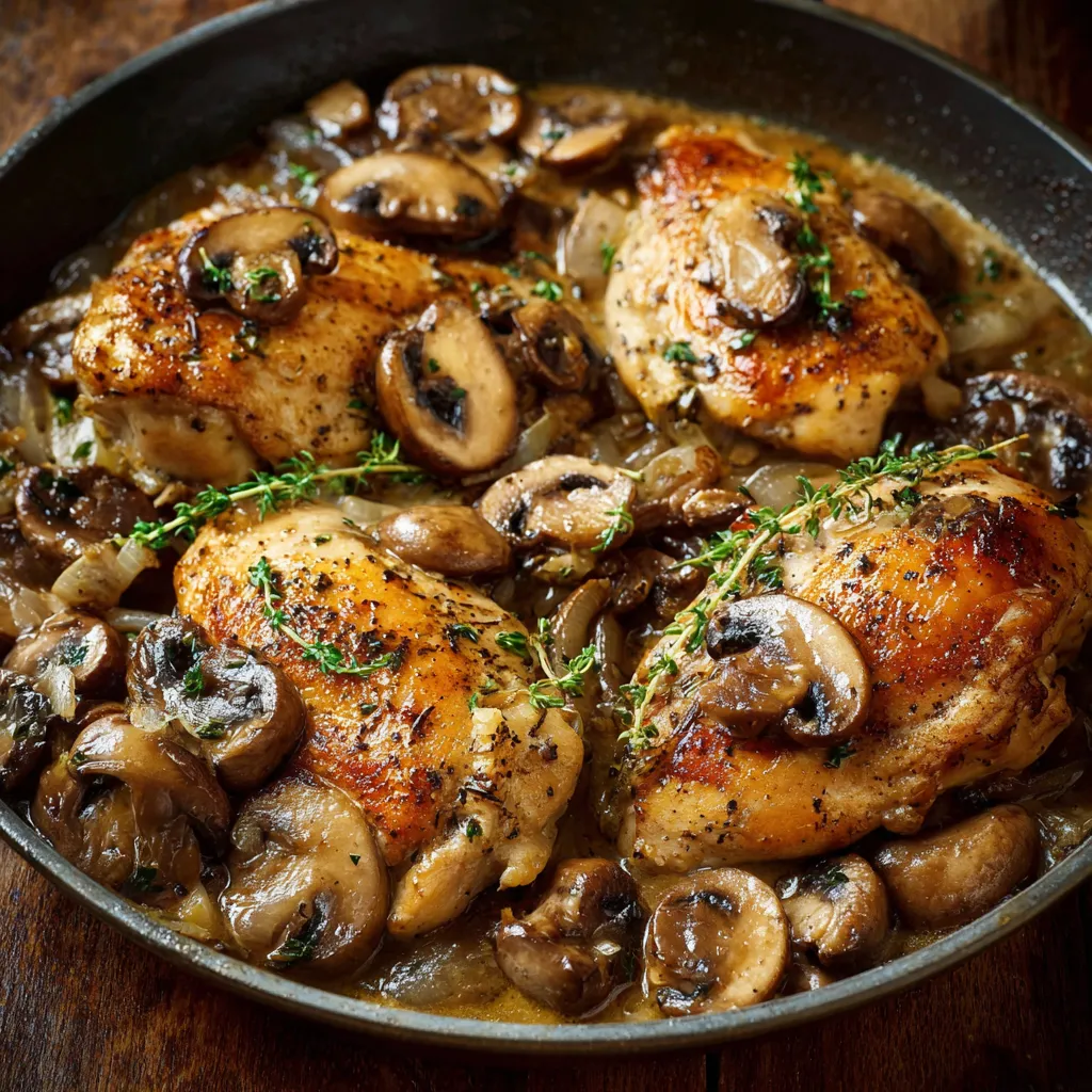 Poulet crémeux aux champignons dorés et sauce au thym servi avec purée maison