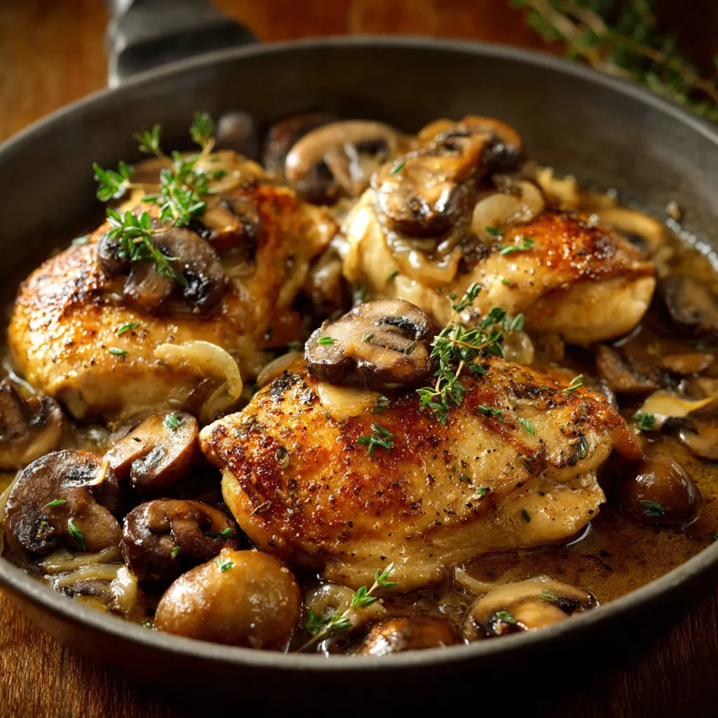 Poulet crémeux aux champignons dorés et sauce au thym servi avec purée maison