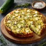 Quiche sans pâte aux courgettes et feta fraîchement sortie du four, dorée et servie en parts avec salade verte.