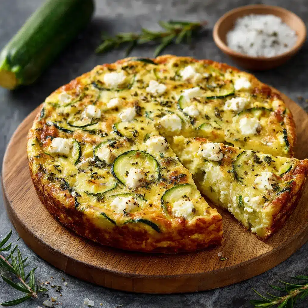 Quiche sans pâte aux courgettes et feta fraîchement sortie du four, dorée et servie en parts avec salade verte.