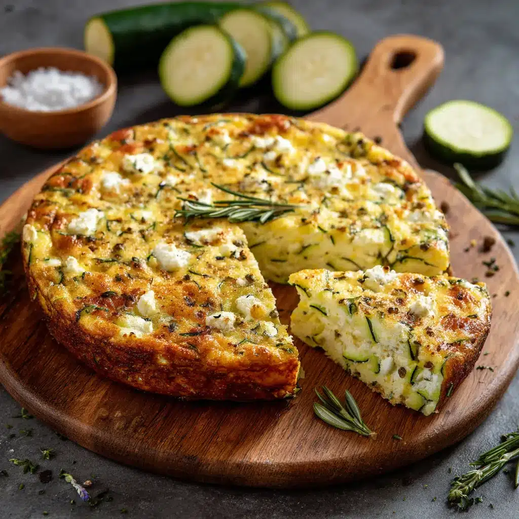 Quiche sans pâte aux courgettes et feta fraîchement sortie du four, dorée et servie en parts avec salade verte.